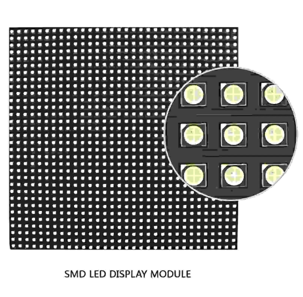 SMD LED显示模块的特写细节，显示了单个灯珠