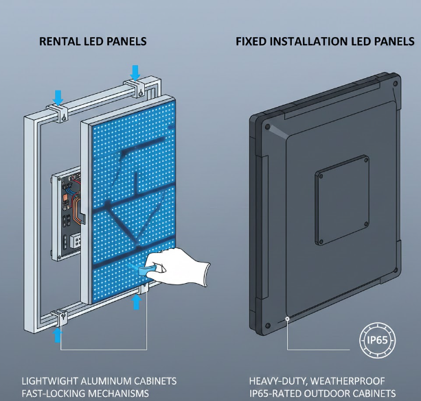 LED rental screen vs fixed screen structure comparison chart