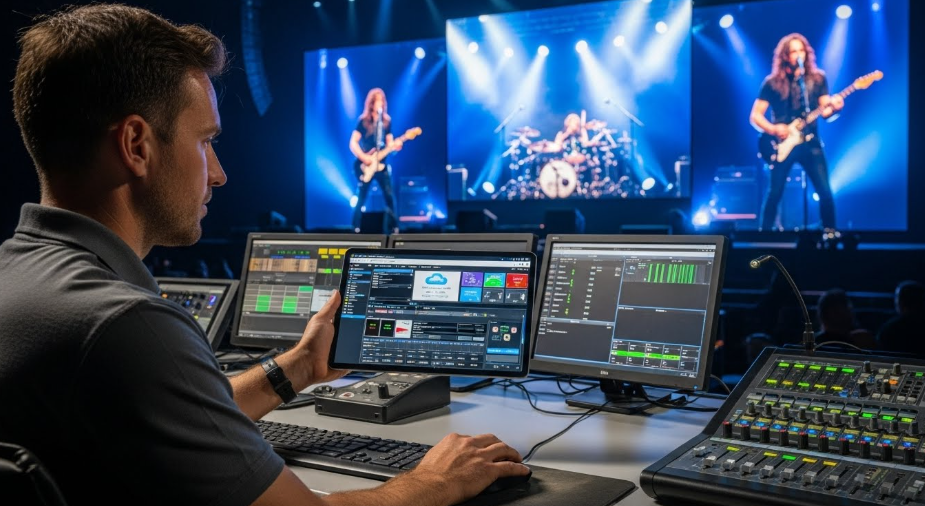 技术人员正在监控LED视频墙