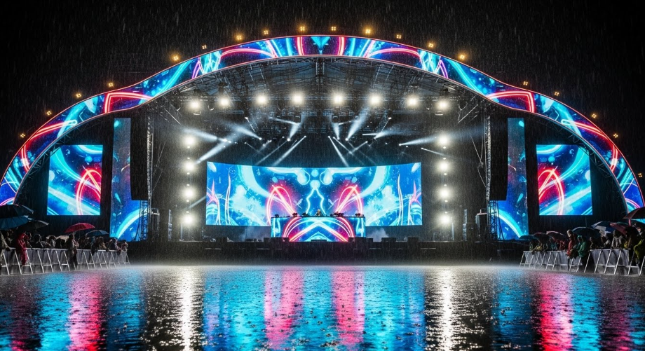 Pantallas LED curvadas bajo una intensa lluvia