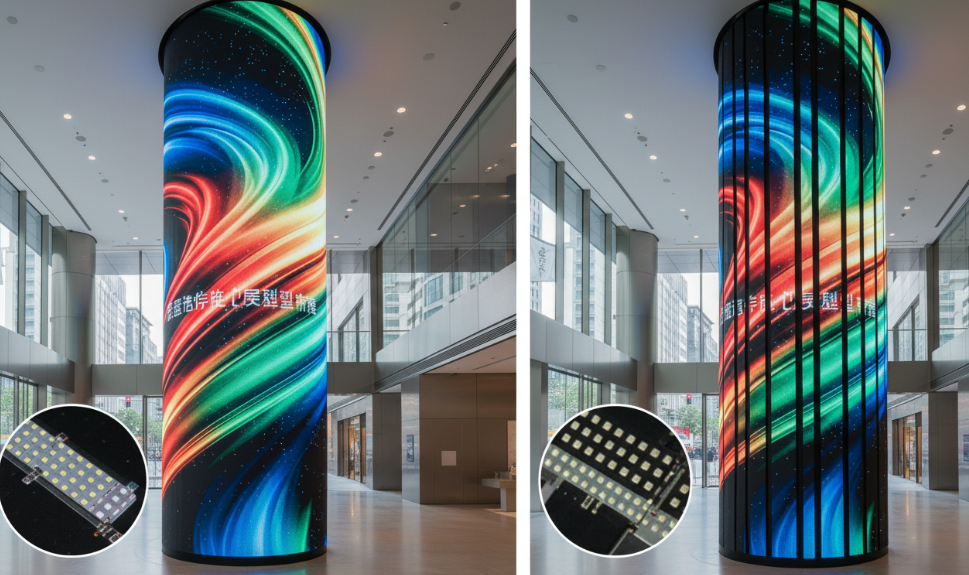 flexible LED cylinder display and a traditional hard-panel LED cylinder display