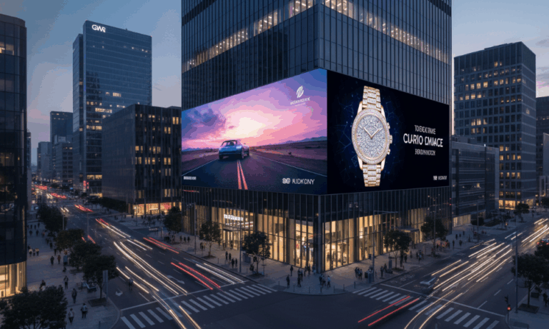 A large outdoor LED billboard displaying vivid advertising content