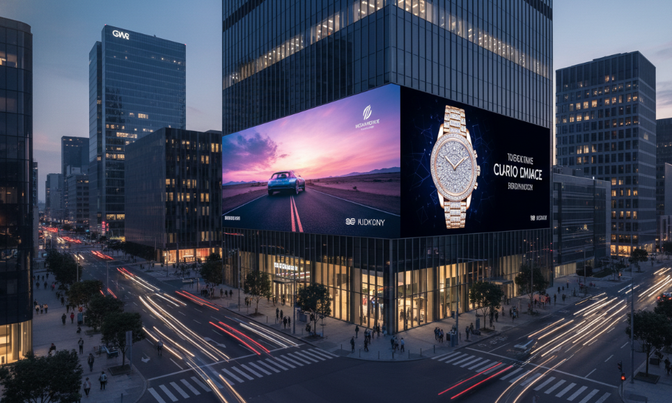 A large outdoor LED billboard displaying vivid advertising content