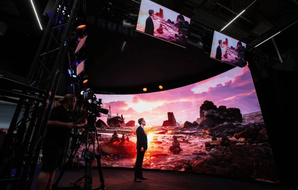 Virtual production LED wall displaying realistic human skin tones