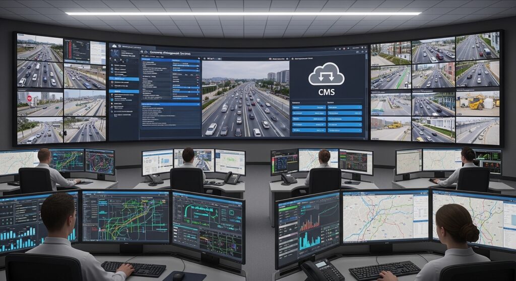 複数の交通 LED ディスプレイ (VMS) を監視する交通管制センター