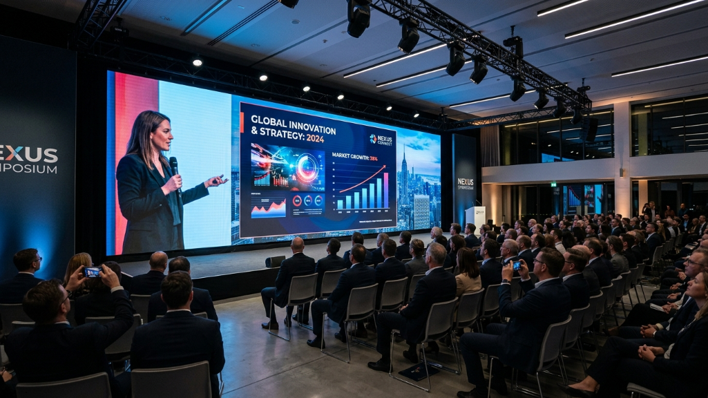 企业活动环境中的10x20 LED墙面显示屏，高分辨率屏幕