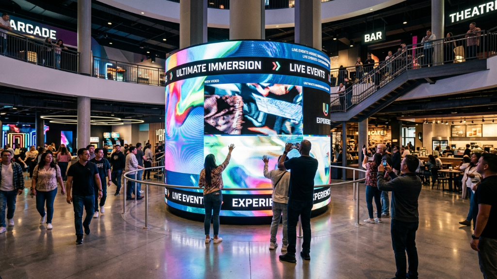 شاشة عرض LED أسطوانية بزاوية 360 درجة في مركز ترفيه تجاري