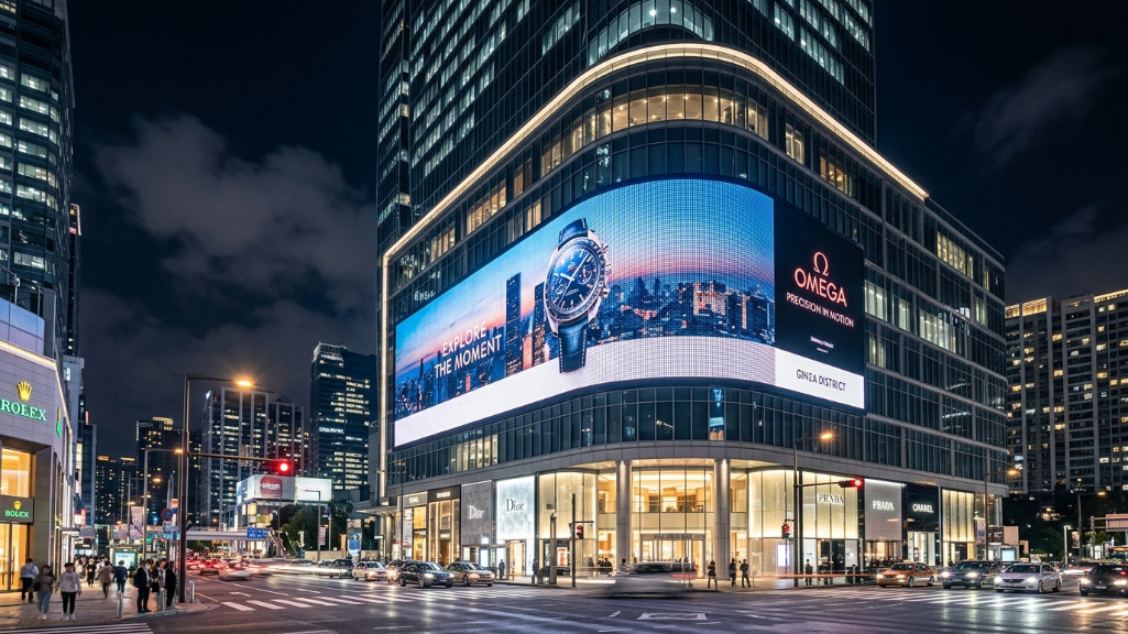 Mur vidéo LED commercial dans un bâtiment moderne