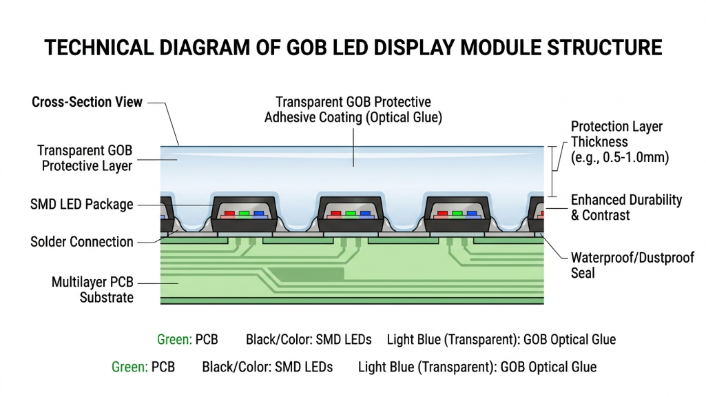 Structure du module d'affichage LED GOB avec couche de colle protectrice sur les LED SMD