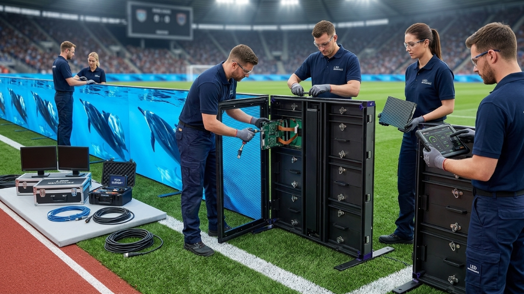 Proceso de instalación y mantenimiento frontal del panel perimetral LED