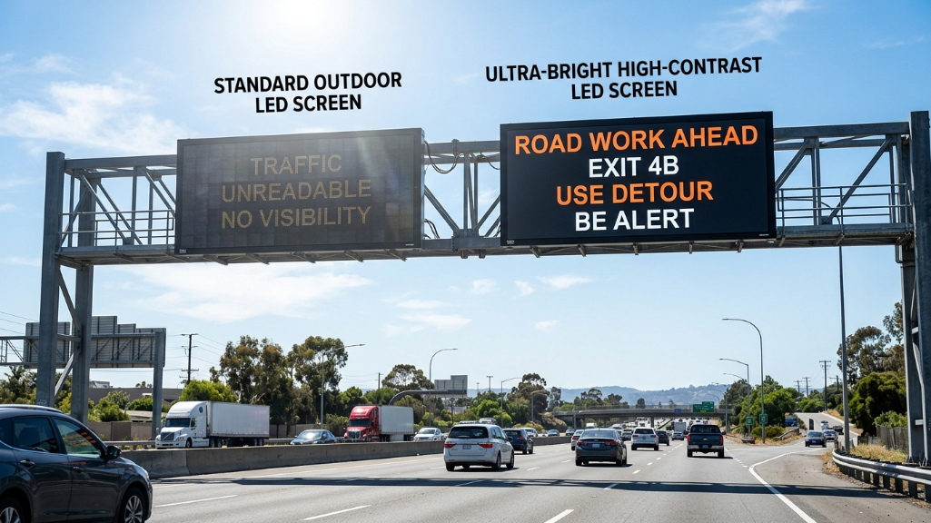 Comparaison de la visibilité d'un écran LED haute luminosité en plein soleil