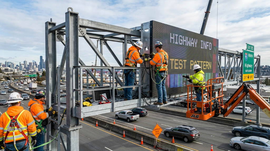 Installation d'écrans LED sur autoroute avec structure en acier et ingénieurs