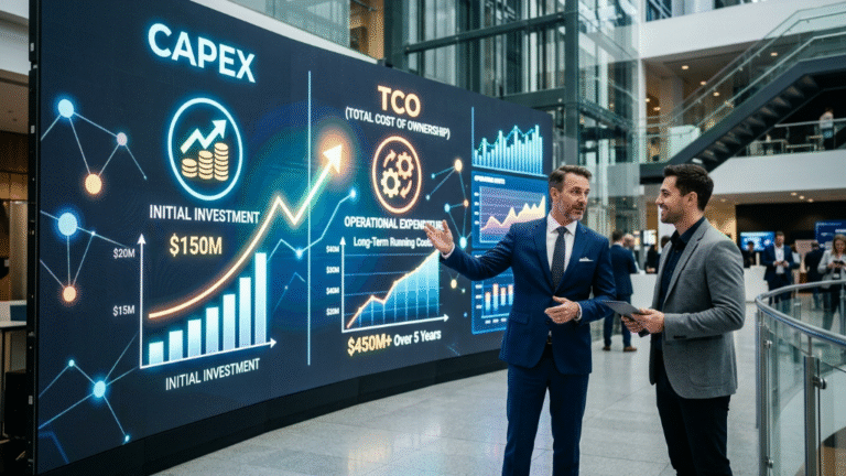 LED Display Maintenance Cost optimization and TCO guide for B2B buyers, showing an engineer analyzing ROI data.