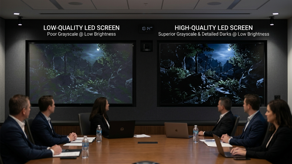 Comparaison d'un écran LED intérieur à faible luminosité et à niveaux de gris élevés par rapport à un écran LED à niveaux de gris standard