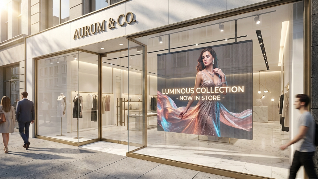 透明なLEDディスプレイを備えた高級小売店の店頭
