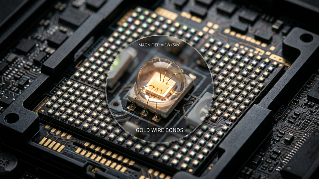 Vue microscopique de l'encapsulation du fil d'or Nationstar dans un module d'écran LED pour une durabilité élevée