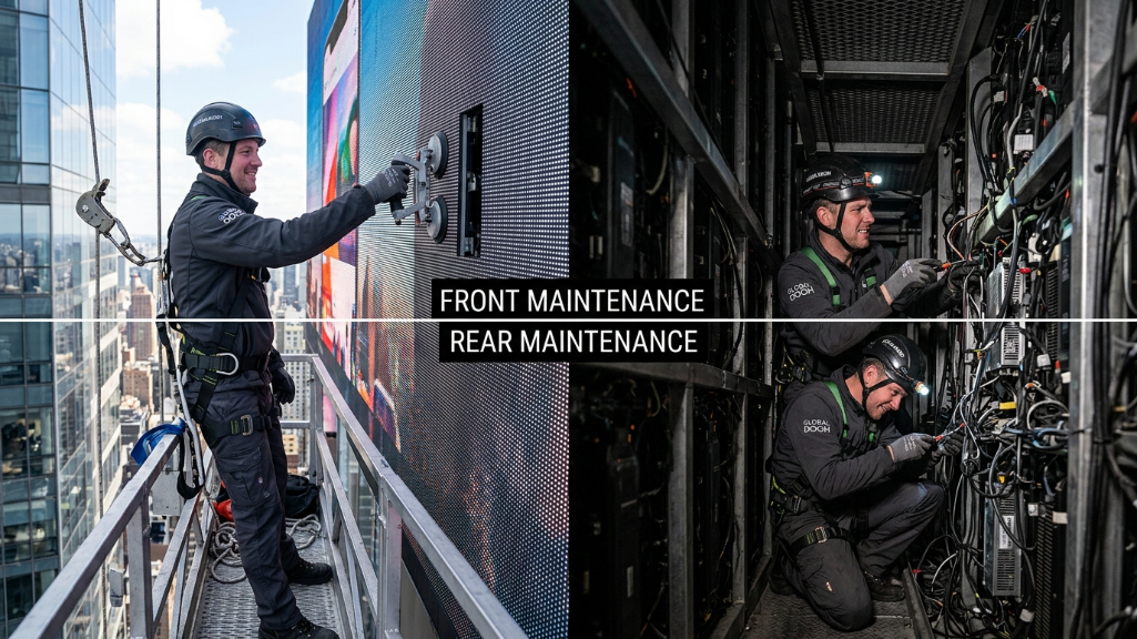 Técnico profesional realizando un servicio frontal frente a un servicio trasero difícil en una pantalla LED DOOH de gran altura.