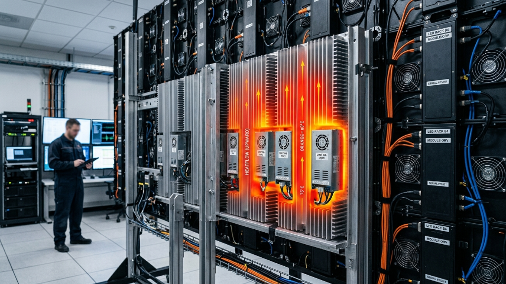 Sistema de gestión térmica de una pantalla LED que muestra la disipación de calor de las aletas de refrigeración del gabinete de aluminio fundido a presión.