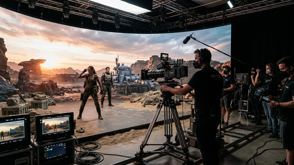 Mur d'écrans LED haute fréquence de rafraîchissement pour la production virtuelle XR en studio de cinéma et de diffusion