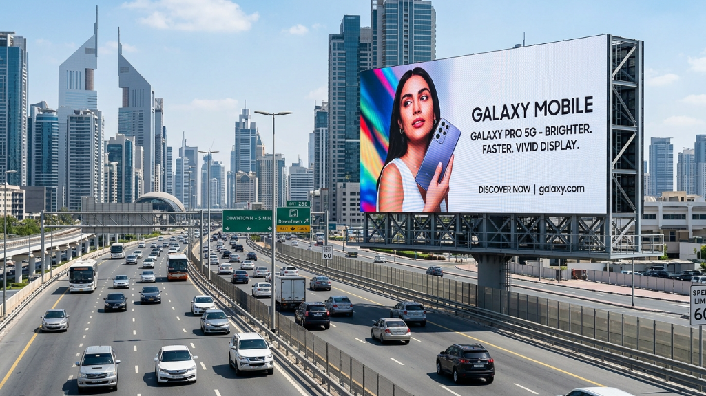 户外LED显示屏广告牌在阳光下亮度高，屏幕清晰可见