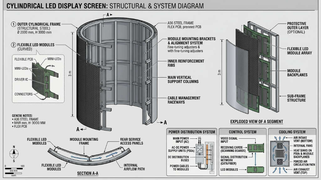 مخطط هيكلي لشاشة عرض LED أسطوانية مزودة بوحدات مرنة