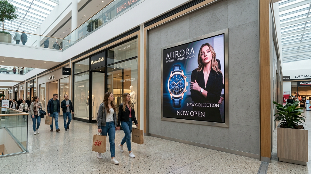 ショッピングモール環境に設置された2m×2mのLEDディスプレイ画面