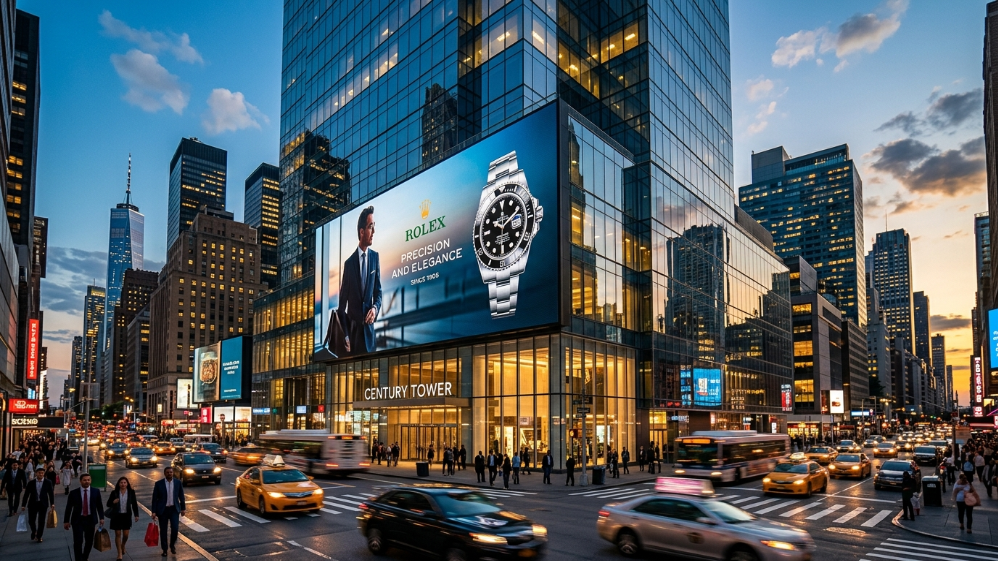 黄昏时分，40英尺高的LED广告牌在城市中投放豪华广告。