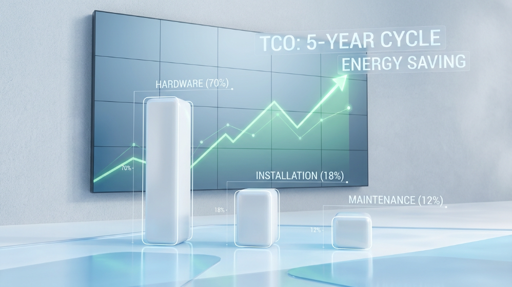 Tabla de desglose del costo total de propiedad (TCO) a 5 años para pantallas LED de 8x6