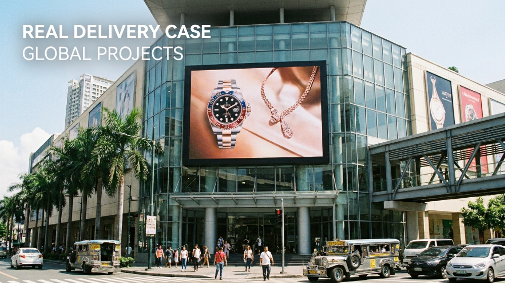 Estudio de caso sobre la instalación de una pantalla LED exterior de 8x6 en un centro comercial de Manila.