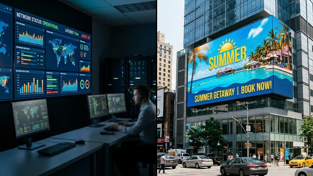 Una yuxtaposición cinematográfica de alta gama que compara una delicada superficie de pantalla LED de paso fino en interiores, ubicada en una sala de control, con una enorme valla publicitaria LED DIP de alto brillo en exteriores, en un día soleado.