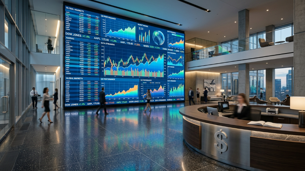 Una enorme pantalla LED de alta definición para interiores, ubicada en el vestíbulo de una moderna empresa, muestra gráficos de datos y sirve como imagen principal para la guía de precios de pantallas LED.