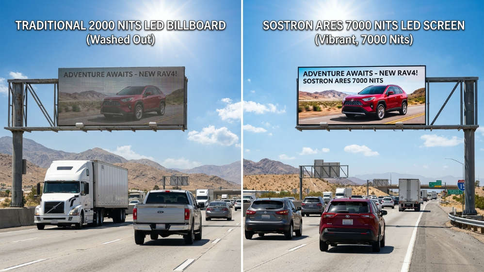 Comparison between traditional dim LED screen and 7000 nits high brightness LED display under direct sunlight.