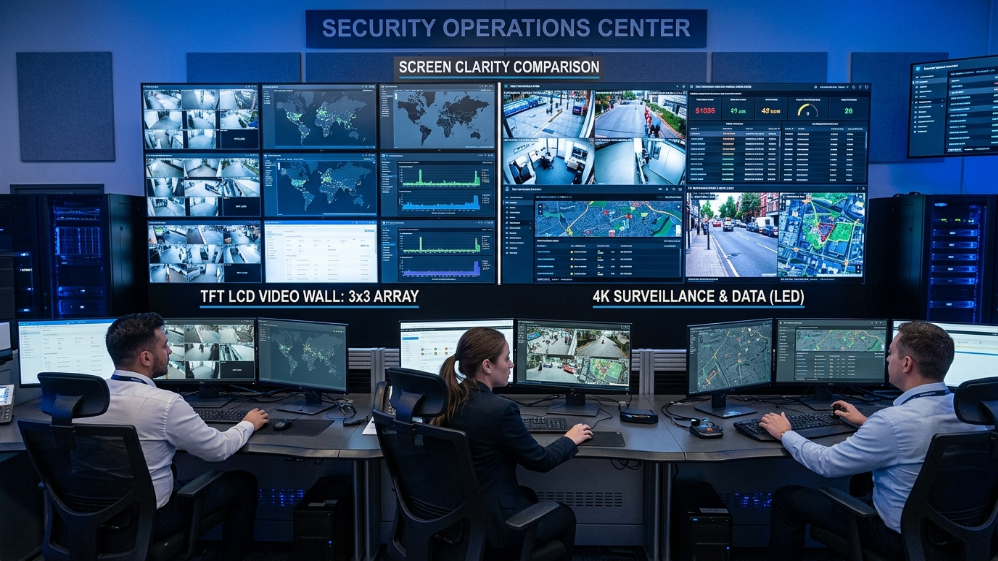 Control room using TFT and LED screens for surveillance monitoring comparison