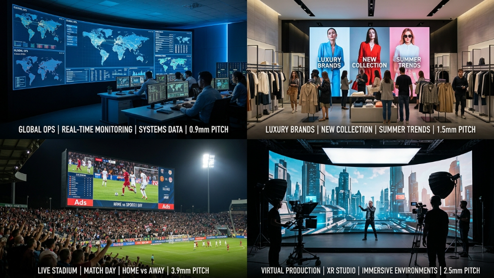 تطبيقات شاشات LED مختلفة عبر الصناعات مع تباعد بكسل متفاوت