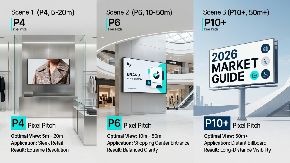 Direct application scenario comparison of P4, P6, and P10 outdoor LED screen resolution, viewing distance, and image complexity.