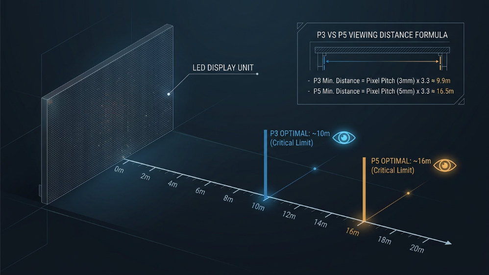 Engineering diagram visualization showing optimal viewing distances for P3 vs P5 LED screens.