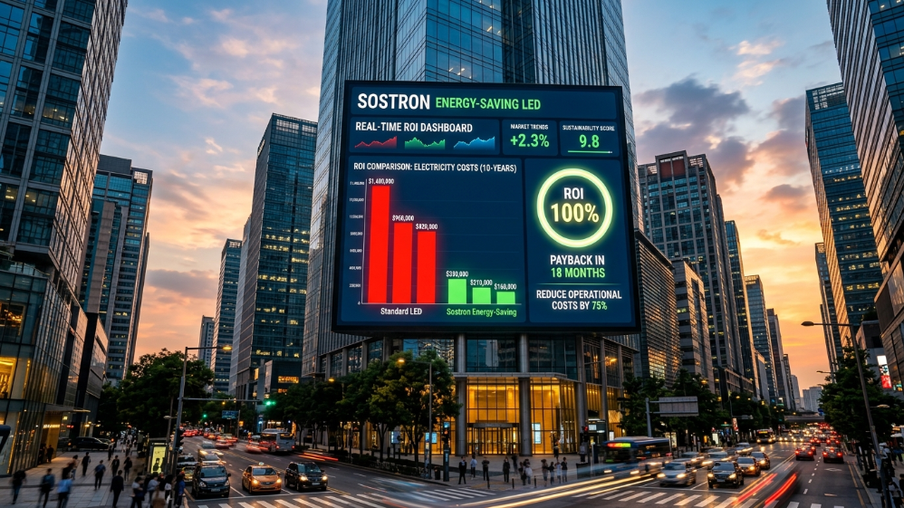High-brightness LED billboard displaying a financial ROI dashboard comparing power consumption and payback periods.