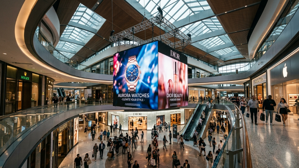 购物中心商业环境中悬挂的LED立方体显示屏