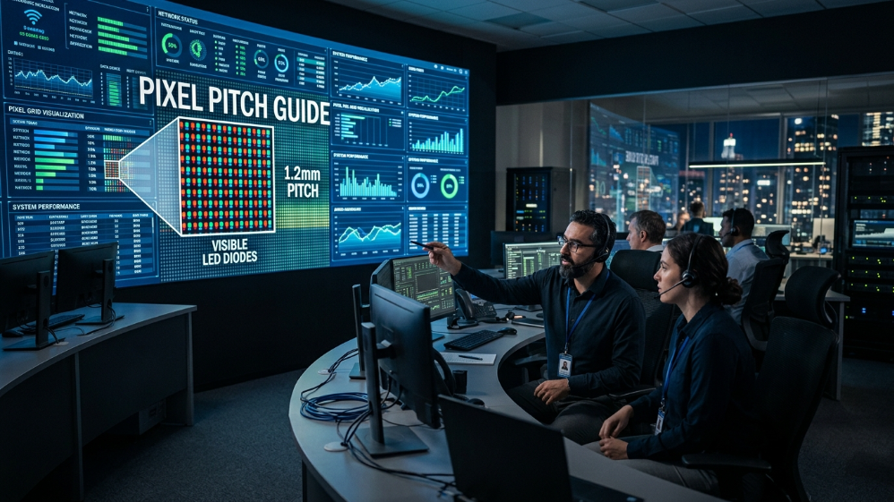 مفهوم دقة عرض البكسل في شاشة LED معروض على جدار فيديو LED عالي الجودة في غرفة تحكم حديثة