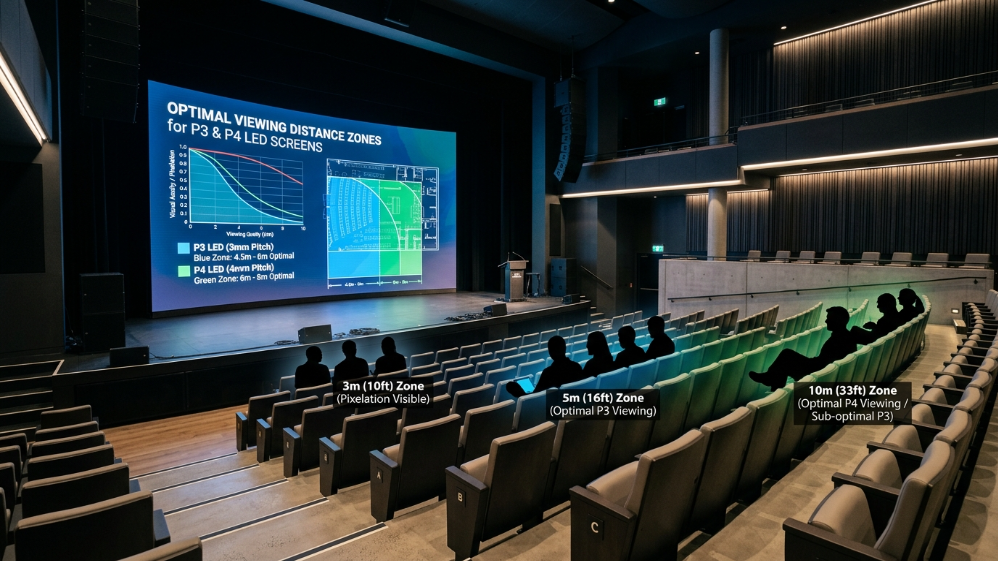 LED display viewing distance comparison in auditorium with audience positioning