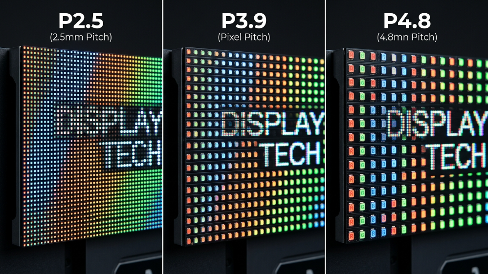 LED pixel pitch comparison P2.5 P3.9 P4.8 visual difference