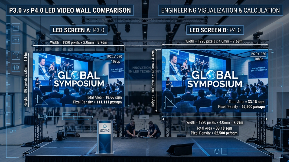 LED screen size and 1080P resolution mapping comparison for P3 and P4