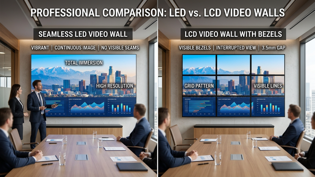 LEDシームレスディスプレイとLCDビデオウォールのベゼル比較