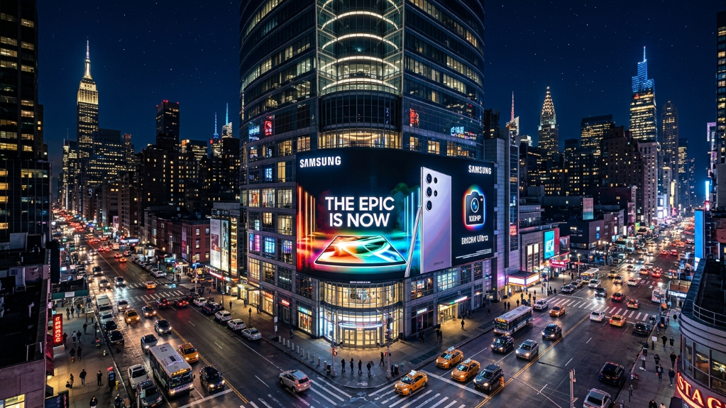 Large outdoor LED billboard on building with city view