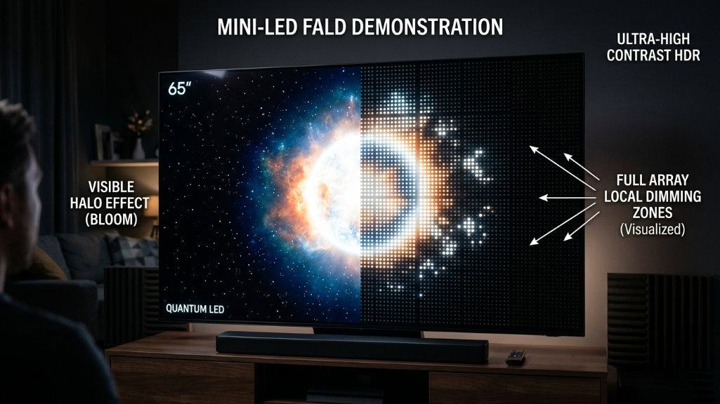 Mini LED local dimming zones with HDR contrast effect
