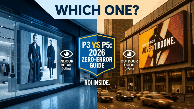 P3 LED screen for indoor retail vs P5 LED screen for outdoor DOOH with a 2026 guide badge
