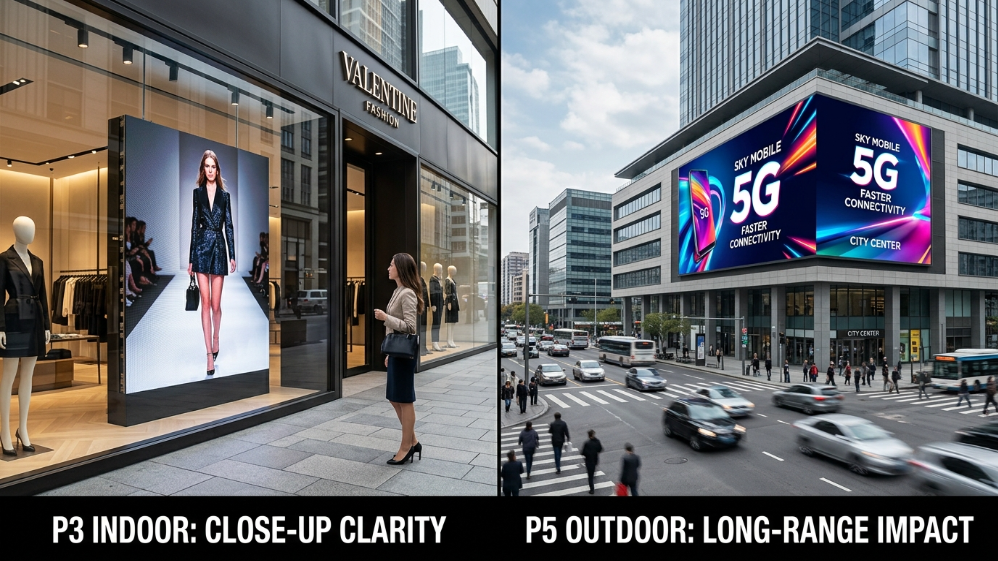 P3 LED screen for indoor retail vs P5 LED screen for outdoor billboard.