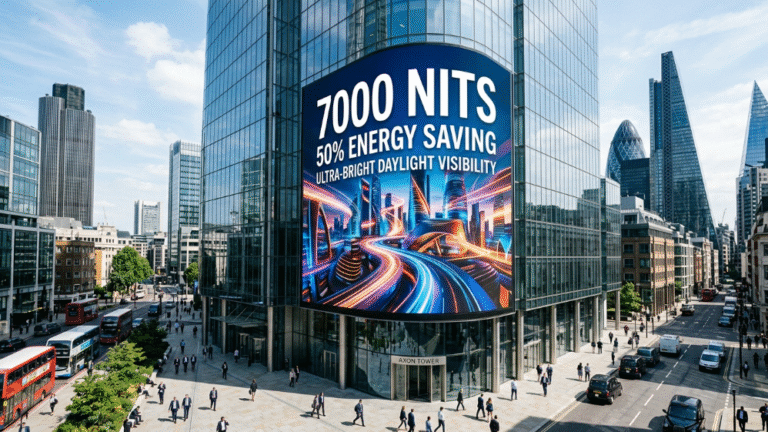 Premium 7000 nits high brightness energy-saving LED display on a modern skyscraper facade showing high-contrast digital art.