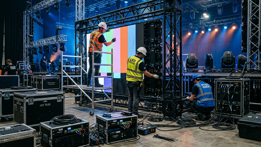 Professional installation of a 10x8ft LED wall showing steel structure and wiring