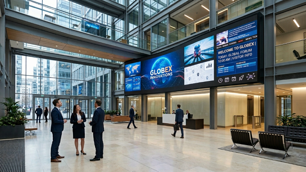 Real corporate lobby LED display installation showing P3 vs P4 usage